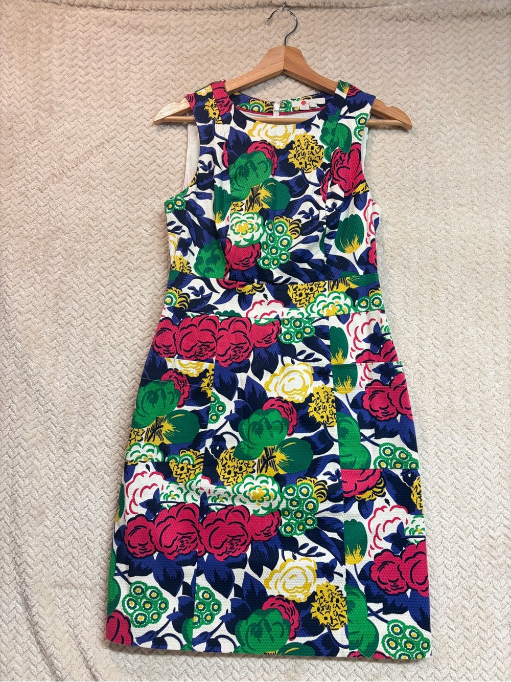 Boden Multi Floral Cotton Pique Sheath Shift Dress 2R Pocket Front Retro Mod